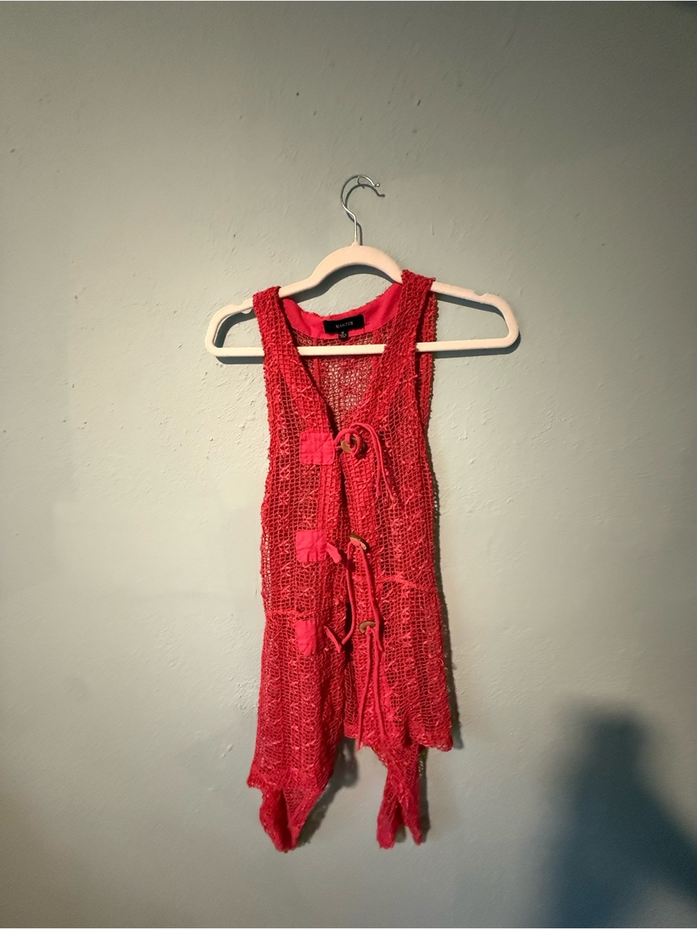 Vintage Pink Crochet Tie-Front Sleeveless Vest Dress Festival